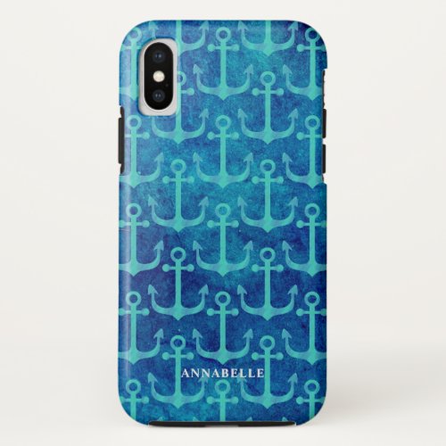 Green Anchor Pattern Blue Watercolor iPhone XS Case