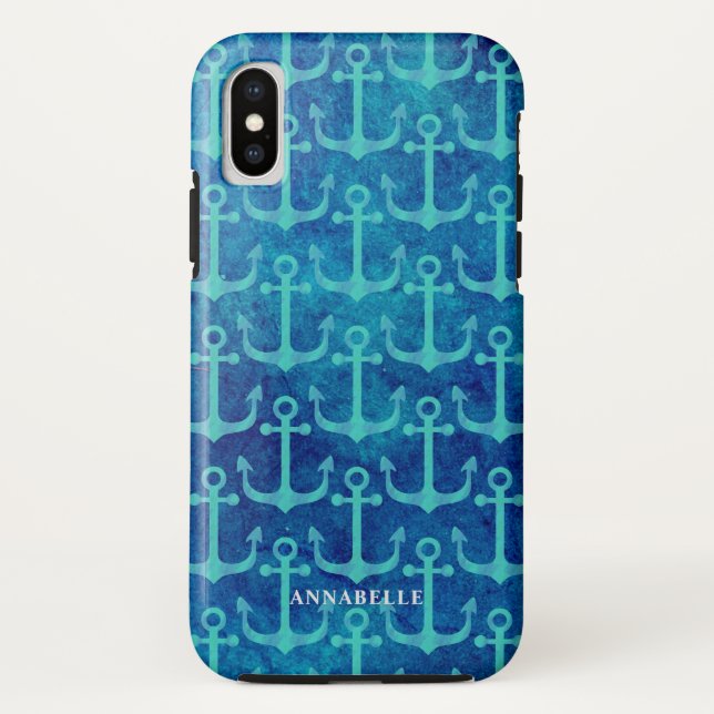 Green Anchor Pattern Blue Watercolor Case-Mate iPhone Case (Back)