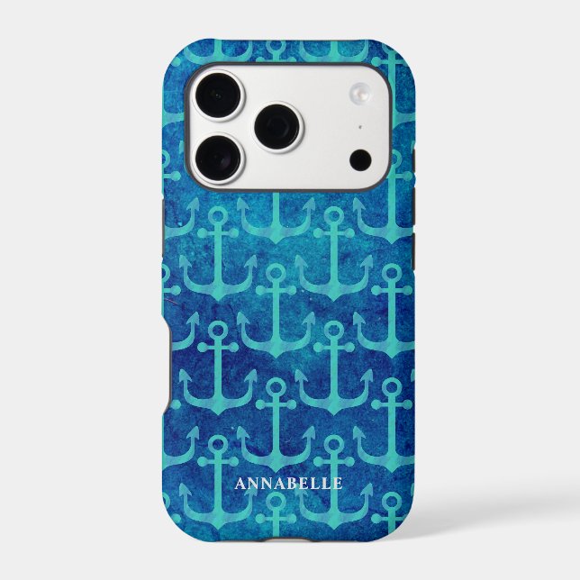Green Anchor Pattern Blue Watercolor Iphone Case (Back)