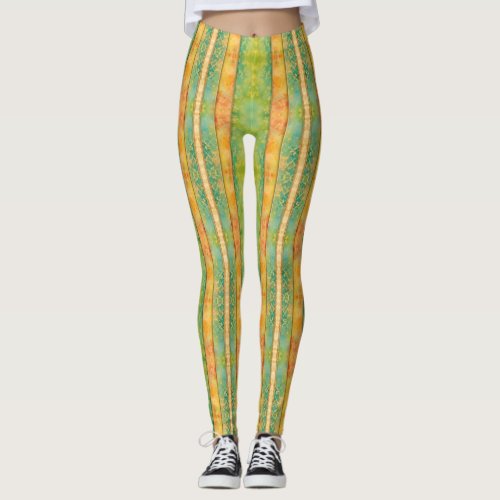 Green and Apricot Watercolor Stripes Leggings