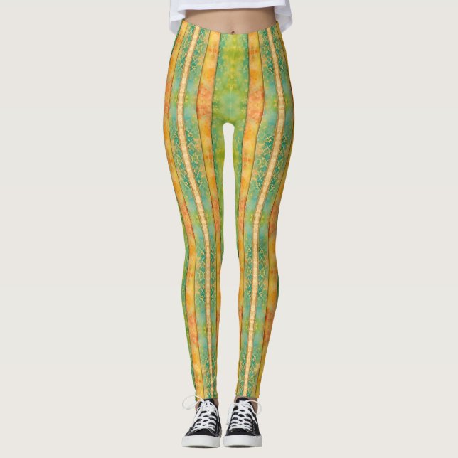 Green and Apricot Watercolor Stripes Leggings (Front)