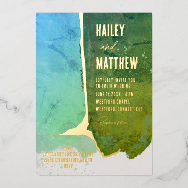 Green and Aqua blue Watercolor Wedding  Foil Invitation (Front)
