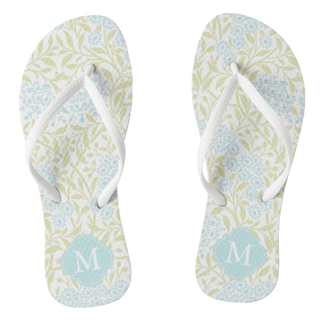 Green and Aqua Floral Damask Monogrammed Flip Flops (Footbed)
