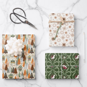 Green and Beige Christmas Forest Village Snowflake Wrapping Paper Sheets