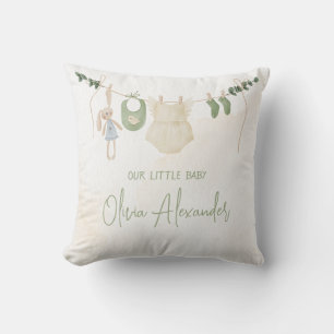 Green and Beige Delicate Watercolor Floral Baby Sh Throw Pillow