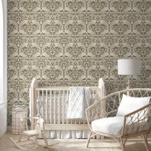 Green and Beige Flamingo Floral Damask Wallpaper