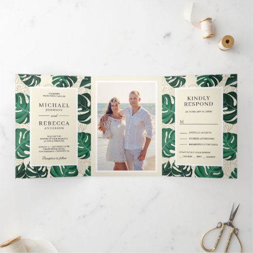 Green and Beige Tropical Monstera Leaves Wedding Tri_Fold Invitation