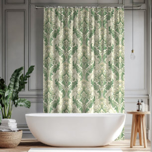 Green and Beige Vintage Botanical Flowers Pattern Shower Curtain