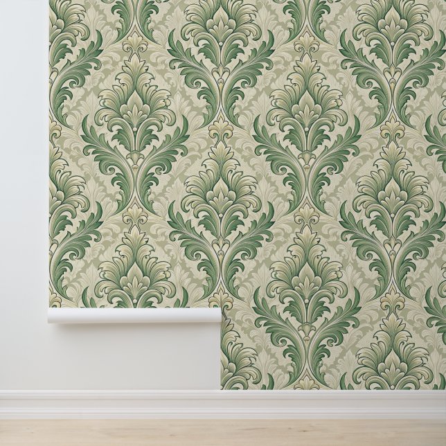 Green and Beige Vintage Botanical Flowers Pattern Wallpaper (Application)