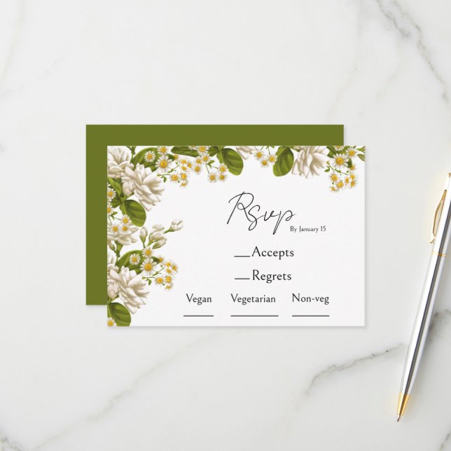 Green and beige wedding meal choice & rsvp card (Front/Back In Situ)