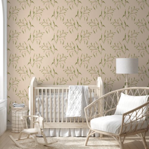 Green and berries branches Botanical cream peach Wallpaper