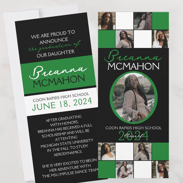 Green and Black 9 Photo Graduation Announcement (Black and Green 9 Photo Elegant Formal Graduation Announcements)