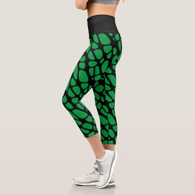 Green and Black Abstract Organic Skin Pattern Capri Leggings (Left)