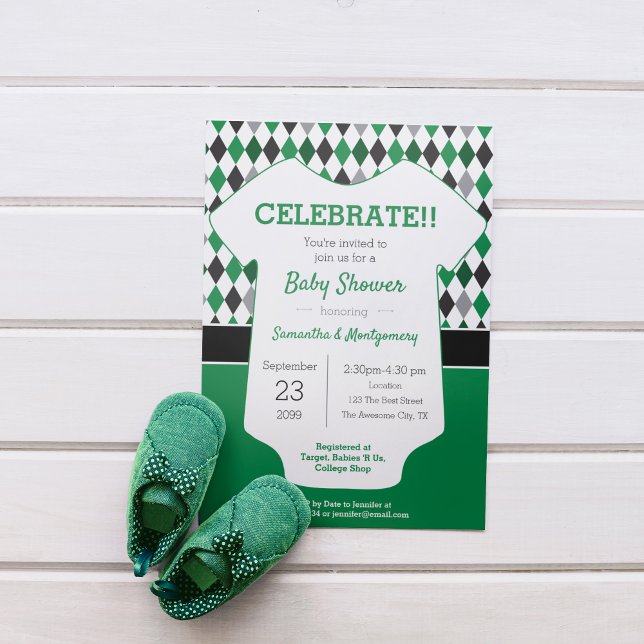 Green and Black Argyle Patterned Baby Shower Invitation