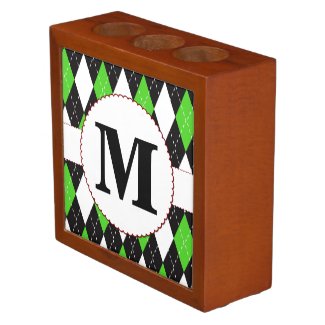 Green and Black Argyle with Monogram Pencil Holder