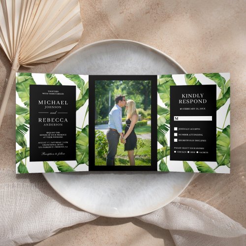 Green and Black Banana Leaves Tropical Wedding Tri_Fold Invitation