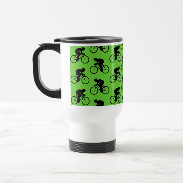 Green and Black Bicycle Pattern. Travel Mug (Left)