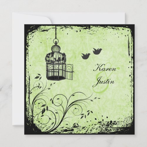 Green and Black Birdcage and Lovebirds Invitation
