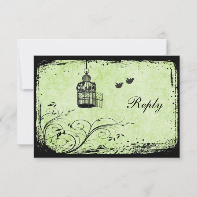 Green and Black Birdcage Lovebirds Reply Card (Front)