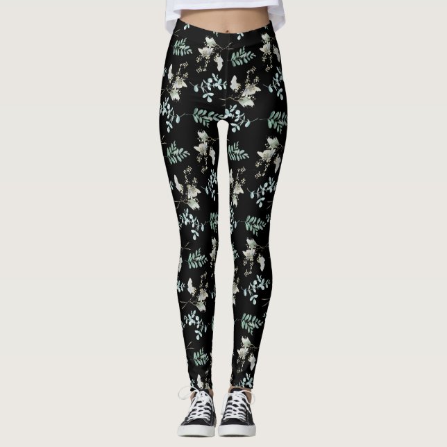 Green and Black Botanical Leaves Leggings (Front)
