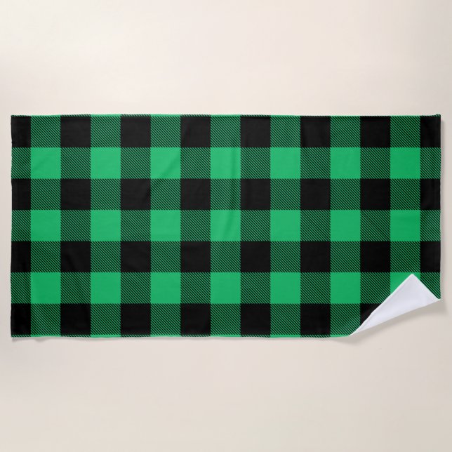 Green and Black Buffalo Check Gingham Holiday    B Beach Towel (Front)