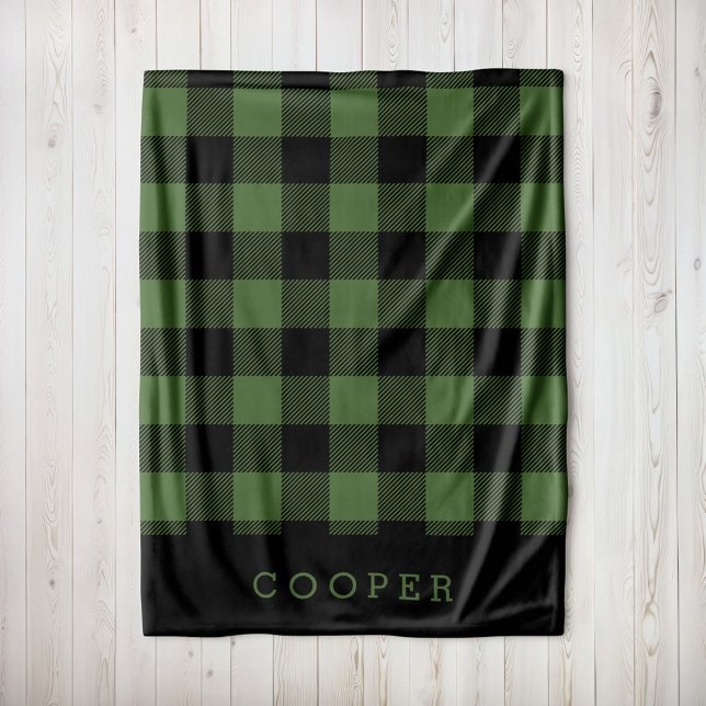 Green and Black Buffalo Check Monogram Fleece Blanket (Creator Uploaded)