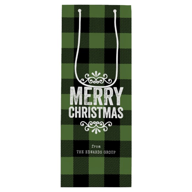Green and Black Buffalo Check Rustic Christmas Wine Gift Bag (Front)