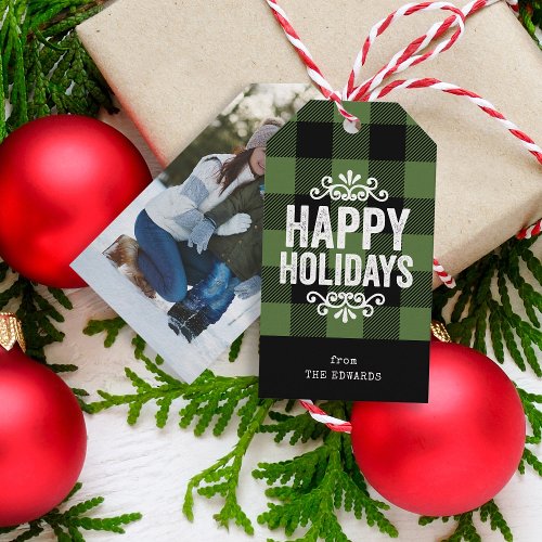 Green and Black Buffalo Check Rustic Holiday Photo Gift Tags