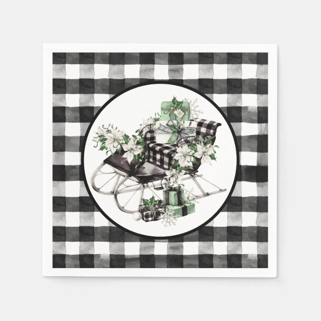 Green and Black Buffalo Check Sleigh and Packages  Napkins (Front)