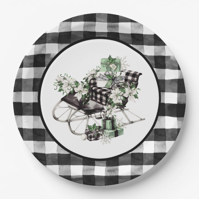 Green and Black Buffalo Check Sleigh and Packages Paper Plates (Front)