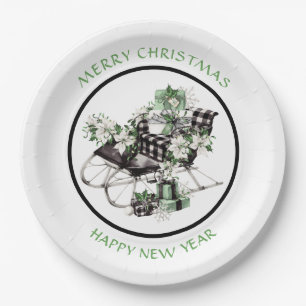 Green and Black Buffalo Check Sleigh and Packages Paper Plates