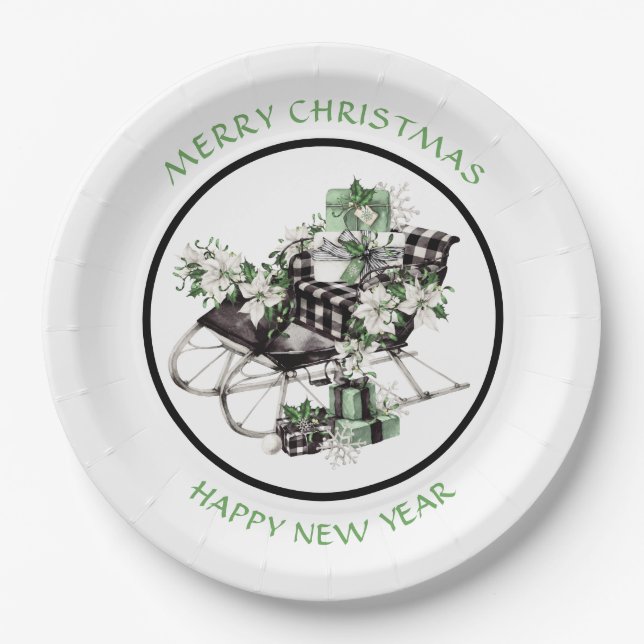 Green and Black Buffalo Check Sleigh and Packages  Paper Plates (Front)