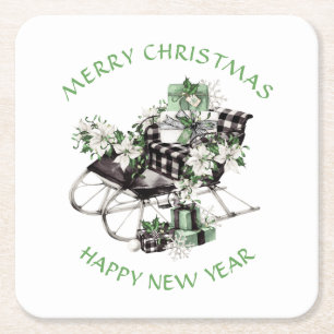 Green and Black Buffalo Check Sleigh and Packages Square Paper Coaster