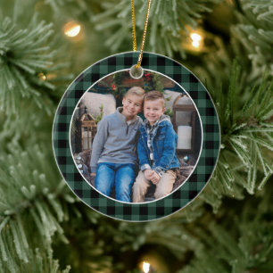 Green and Black Buffalo Plaid Custom Holiday Photo Ceramic Ornament