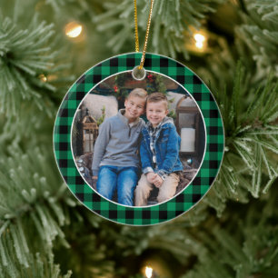 Green and Black Buffalo Plaid Custom Holiday Photo Ceramic Ornament