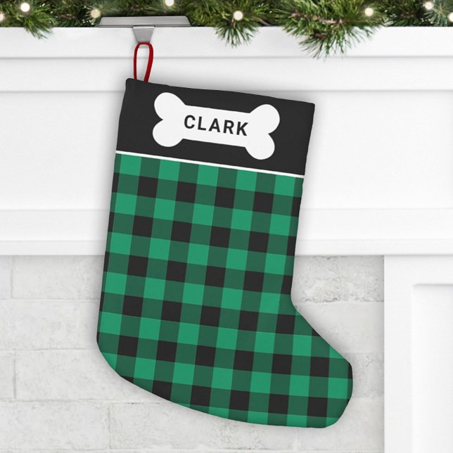 Green and Black Buffalo Plaid Dog Bone Monogram Small Christmas Stocking (Creator Uploaded)