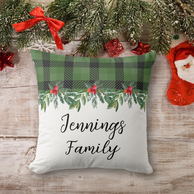 Green and Black Buffalo Plaid Family Christmas Throw Pillow (Creator Uploaded)