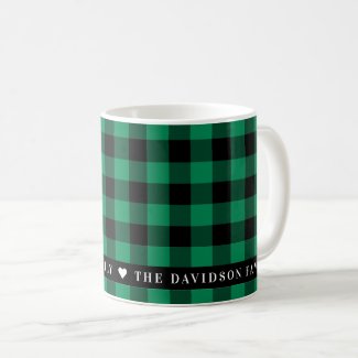 Green and Black Buffalo Plaid Family Name Holiday Coffee Mug