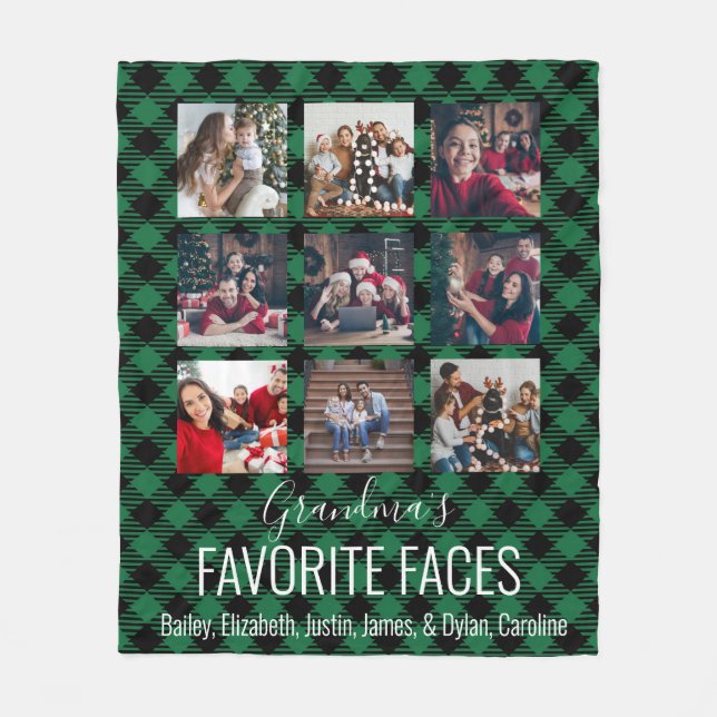 Green and Black Buffalo Plaid Personalized 9 Photo Fleece Blanket (Front)