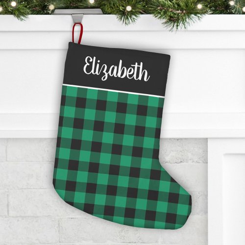 Green and Black Buffalo Plaid Personalized Name Small Christmas Stocking