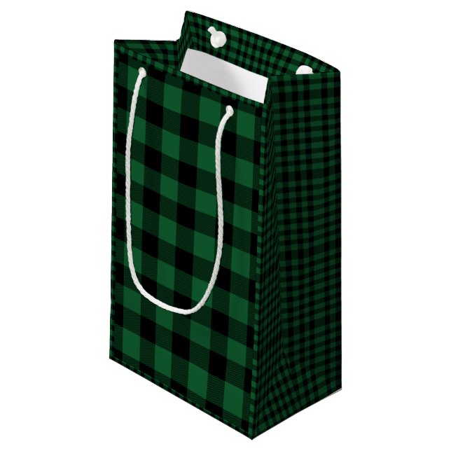 Green and Black Buffalo Plaid, Rustic Checkered Small Gift Bag (Front Angled)