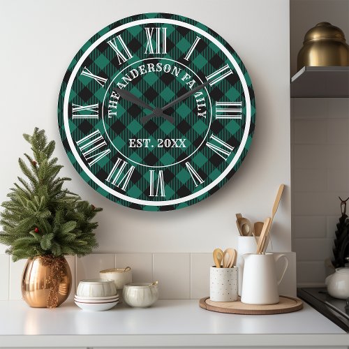 Green And Black Buffalo Plaid Rustic Roman Numeral Large Clock