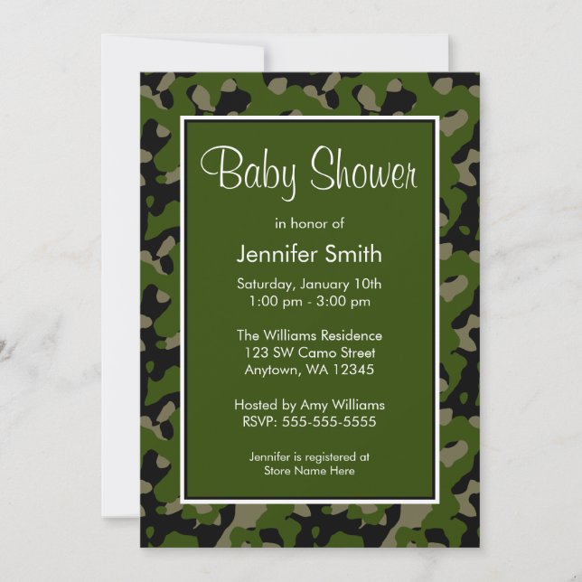 Green and Black Camo Baby Shower Invitations (Front)