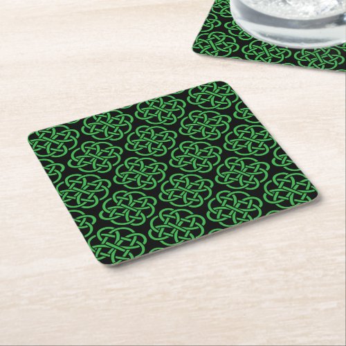 Green and Black Celtic Shield Knot Square Paper Coaster