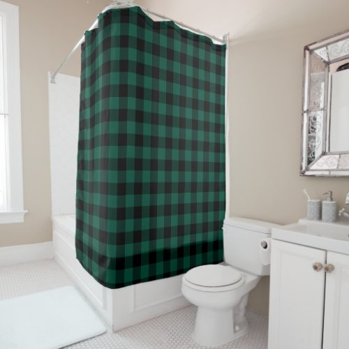 Green and Black Chevron Buffalo Plaid Shower Curtain