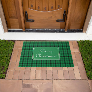 Green and Black Cozy Plaids Merry Christmas Doormat