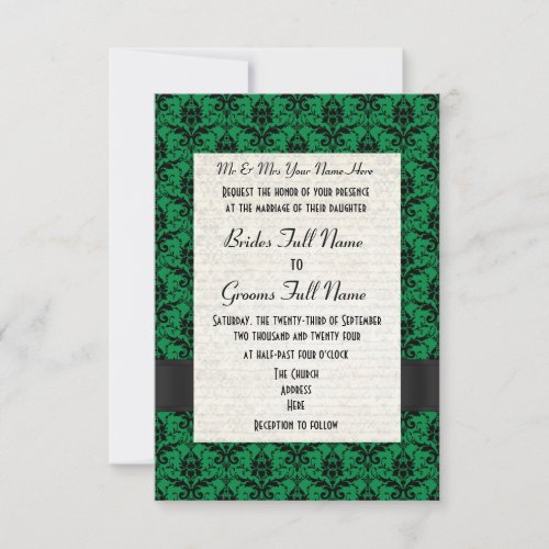 Green and black damask formal wedding invitation