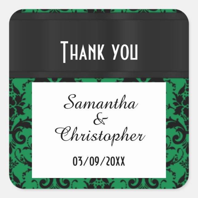 Green and black damask thank you square sticker (Front)