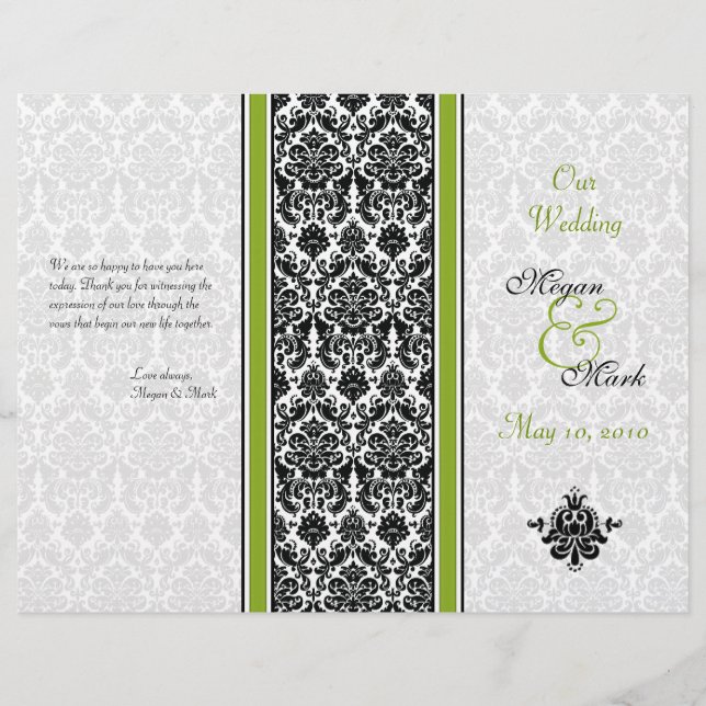 Green and Black Damask Wedding Program (Front)