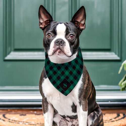 Green And Black Diagonal Buffalo Plaid Monogram Pet Bandana Collar